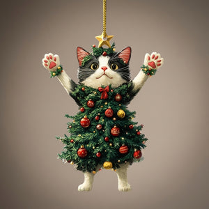 Pendentif chat noir et blanc déguisé en sapin de Noël