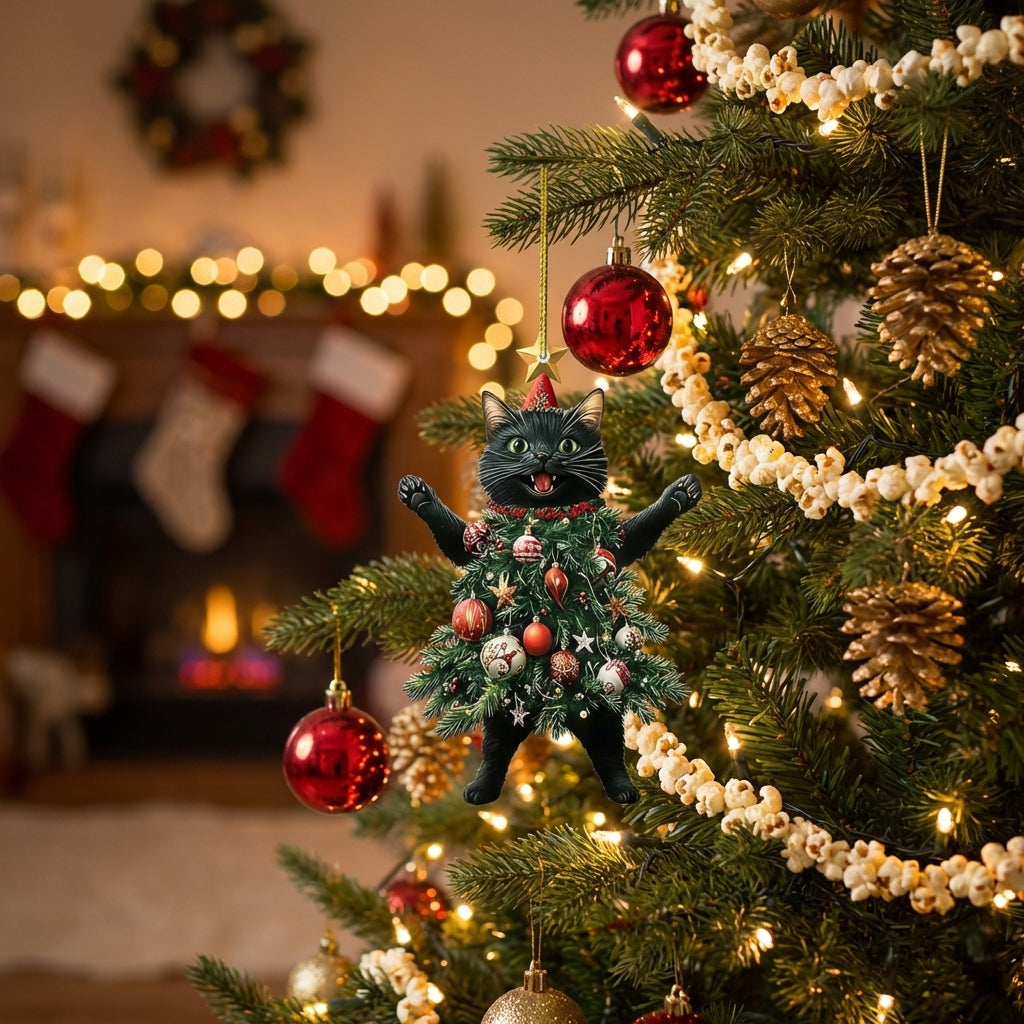 Pendentif chat de Noël suspendu sur un sapin décoré dans un salon chaleureux