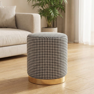 Tabouret rond en tissu pied-de-poule noir et blanc avec socle doré