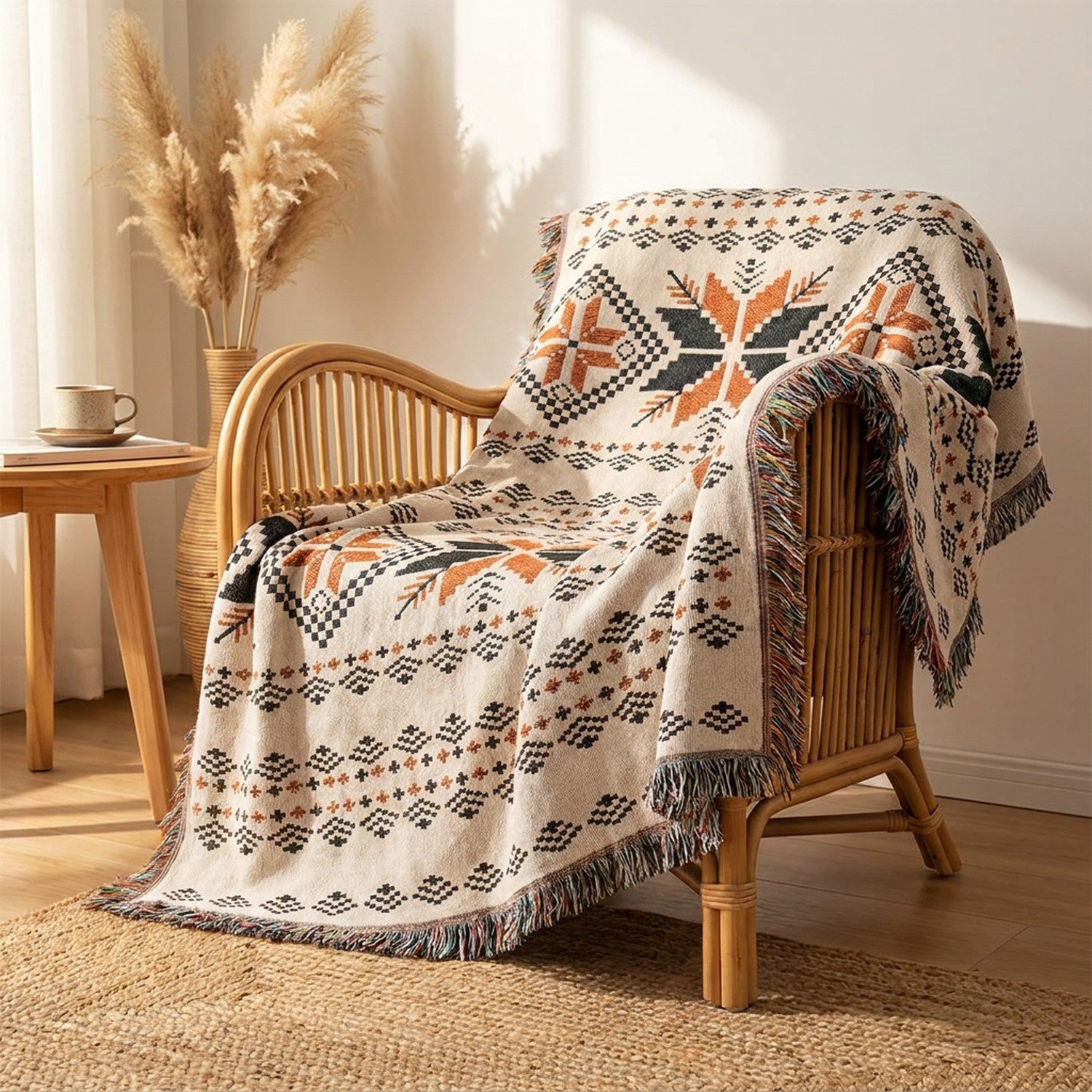 Plaid bohème motif étoile orange et noir drapé sur un fauteuil en rotin