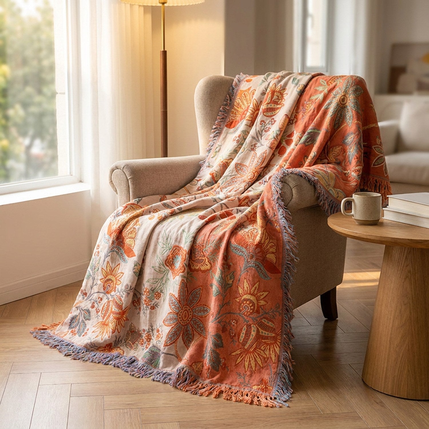 Plaid en coton floral bohème drapé sur un fauteuil de lecture près d'une fenêtre