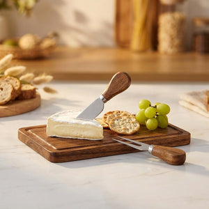 Gros plan d'une planche à fromage en acacia avec du brie des crackers et un couteau à tartiner