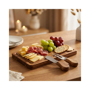 Planche à fromage en bois d'acacia garnie de fromages et de charcuterie avec couteau et fourchette sur une table