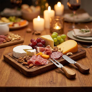 Planche à fromage en acacia garnie de fromages charcuterie et fruits sur une table de fête conviviale