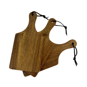 Set 3 mini-planches acacia fond blanc superposées avec cordon cuir