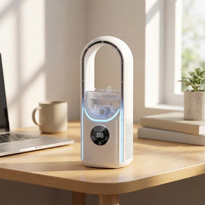 Ventilateur humidificateur blanc sans pales avec lumière d'ambiance bleutée posé sur un bureau