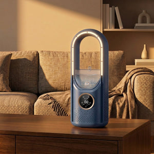 Ventilateur humidificateur bleu sur une console dans un salon chaleureux