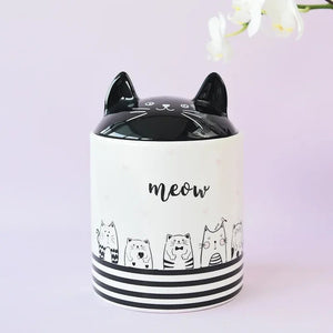 Pot céramique chat couvercle ouvert montrant l'intérieur et la qualité alimentaire