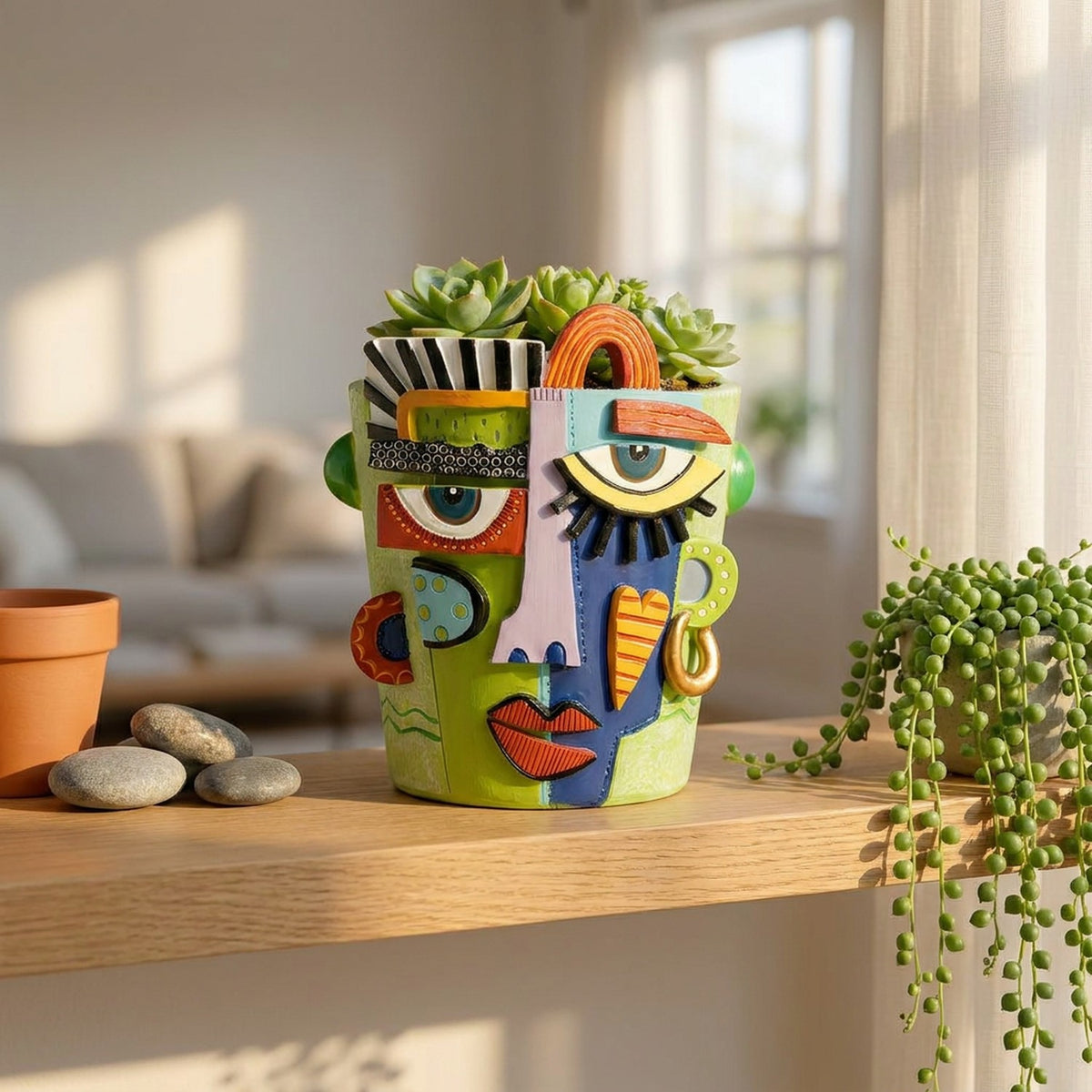 Pot de fleur cubiste vert sur étagère en bois avec plantes d'intérieur