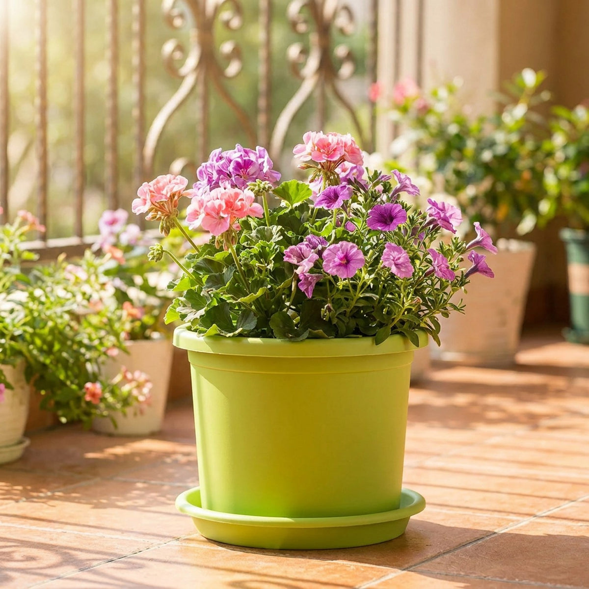 Pot de fleurs résine vert citron sur balcon ensoleillé avec fleurs colorées