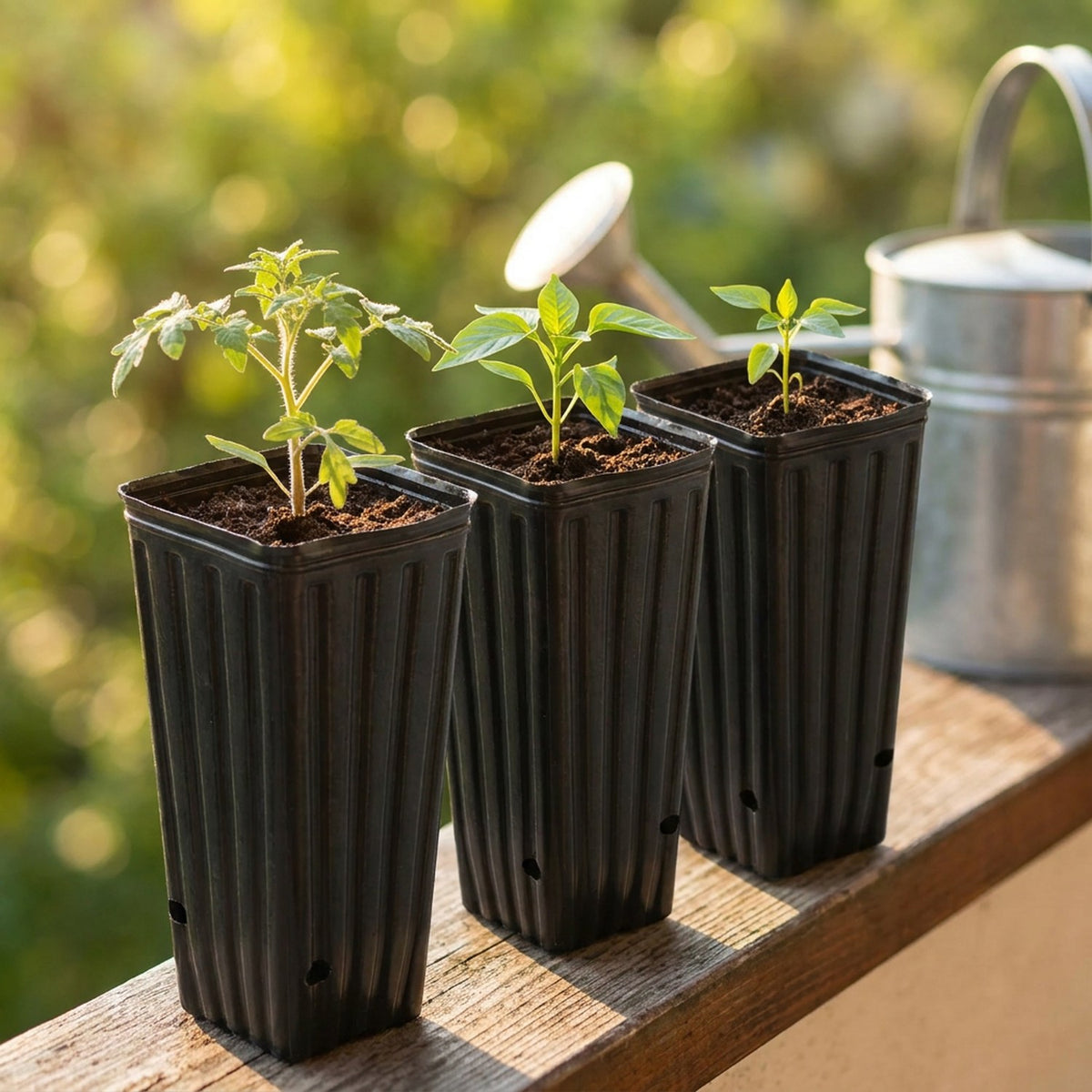 Pots de pépinière plantés de jeunes plants de légumes sur un balcon ensoleillé
