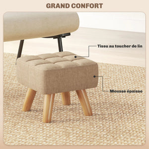 Détail du tissu effet lin et de la mousse épaisse du pouf