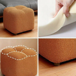 Détails du tissu bouclé du rembourrage mousse et des pieds en bois du pouf