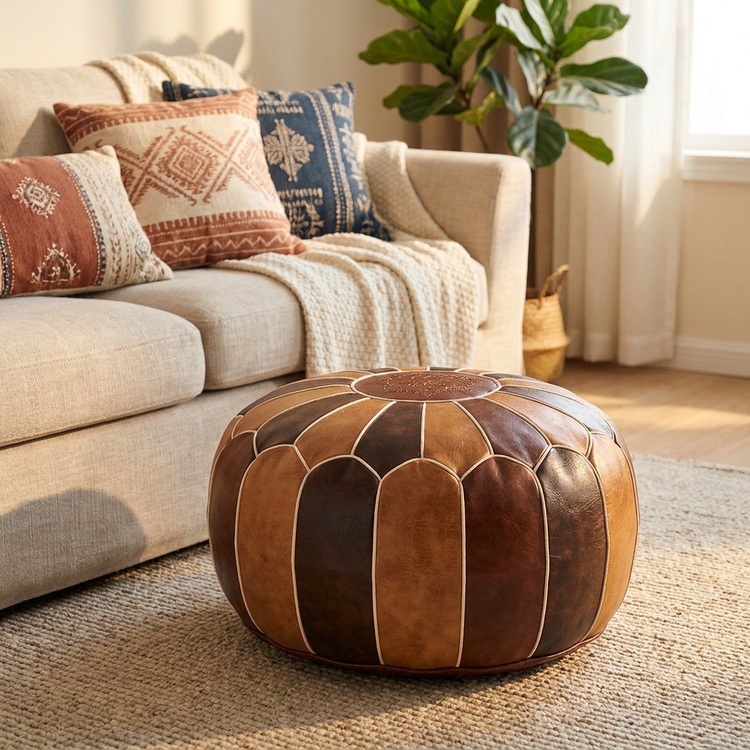 Pouf marocain en simili cuir brun utilisé comme repose-pieds près d'un canapé bohème