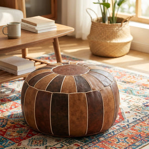 Pouf marocain brun près d'une table basse en bois dans un salon lumineux