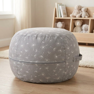 Pouf de rangement jouets gris à motif pissenlit