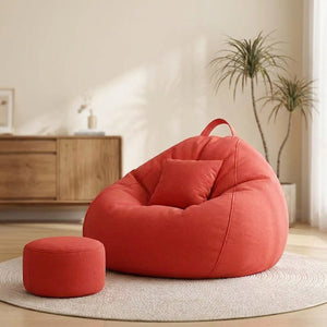 Pouf géant fauteuil poire rouge avec repose-pieds et coussin assortis