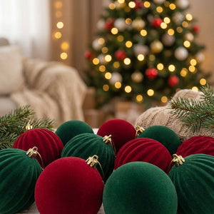Boules de Noël velours floqué rouge diamètre 6 cm texture mate luxueuse