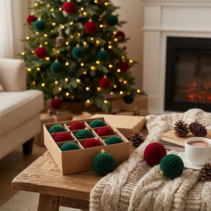 Boule de Noël lot de 12 velours floque 6 cm decoration sapin en situation