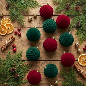 Boule de Noël lot de 12 velours floque 6 cm decoration sapin en situation