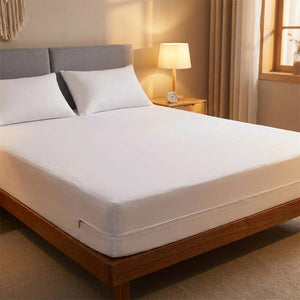 Protège-matelas blanc sur un lit dans une chambre chaleureuse en soirée