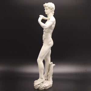 Statue du David de Michel-Ange vue de trois quarts sur fond sombre