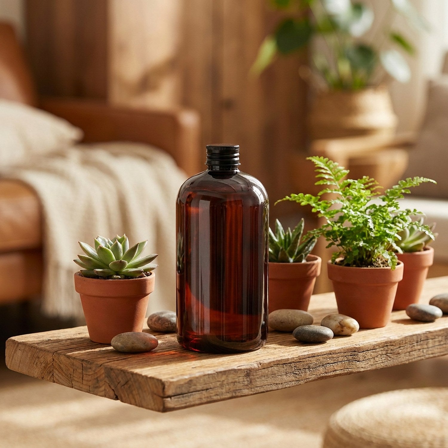 Bouteille ambre de recharge diffuseur sur étagère en bois avec plantes en pot terracotta