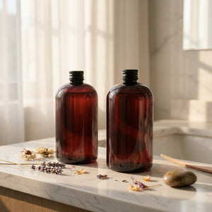 Bouteilles ambre de diffuseur parfum sur comptoir en marbre blanc près d'une fenêtre avec rideau voilage