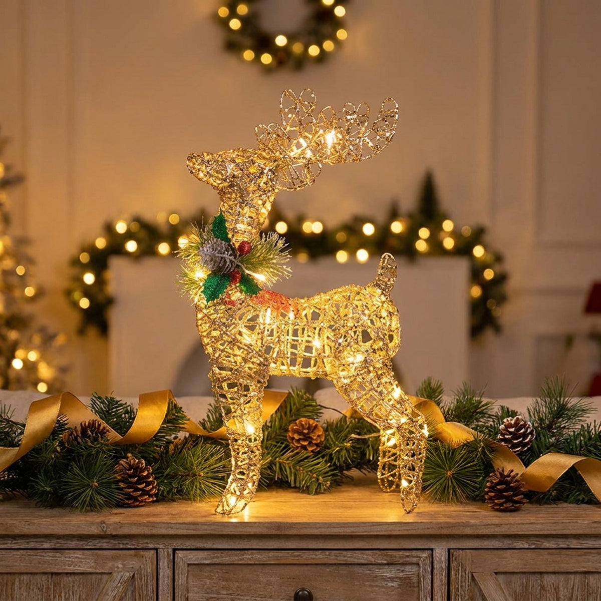 Renne de Noël doré en fil de métal sur meuble bois avec branches de sapin