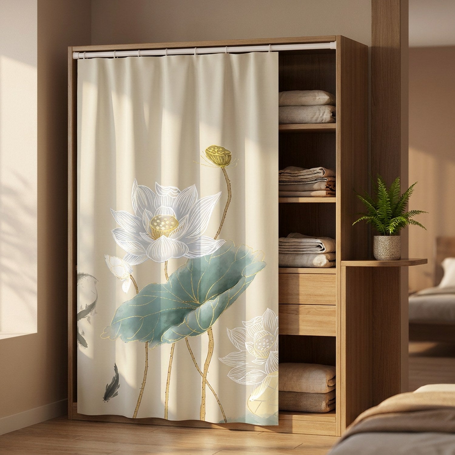 Rideau à motif lotus devant un dressing avec linge plié et plante verte