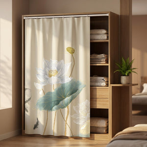Rideau à motif lotus devant un dressing avec linge plié et plante verte