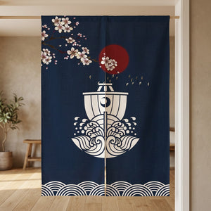 Rideau de porte japonais motif bateau porte-bonheur et soleil rouge