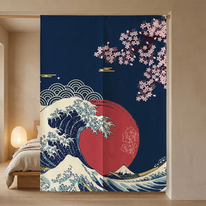 Rideau de porte japonais accroché à l'entrée d'une chambre apaisante