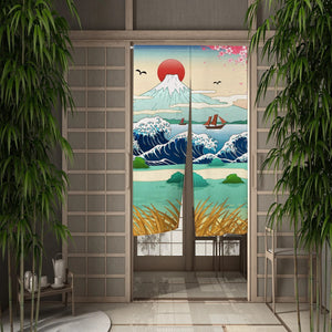 Rideau de porte noren motif grande vague japonaise stylisée avec le mont Fuji vu de face