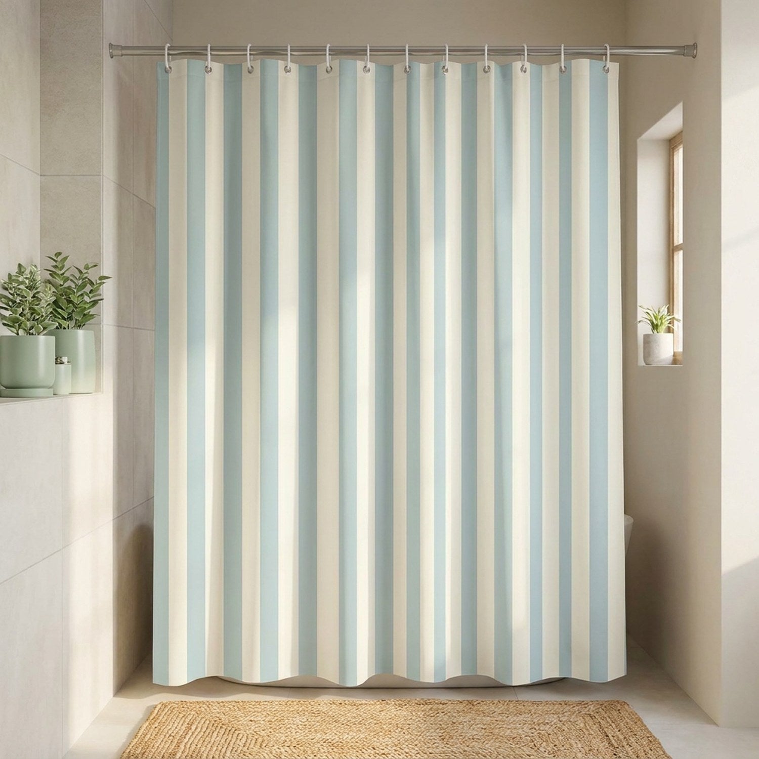 Rideau de douche rayé bleu clair autour d'une cabine de douche dans une salle de bain zen