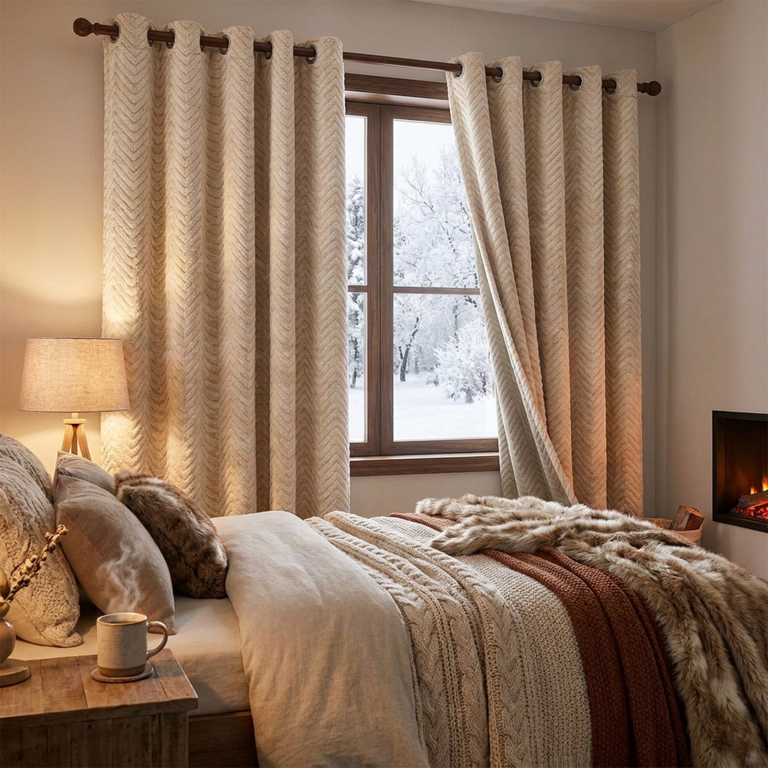 Rideau thermique occultant chevrons dans une chambre cosy en hiver