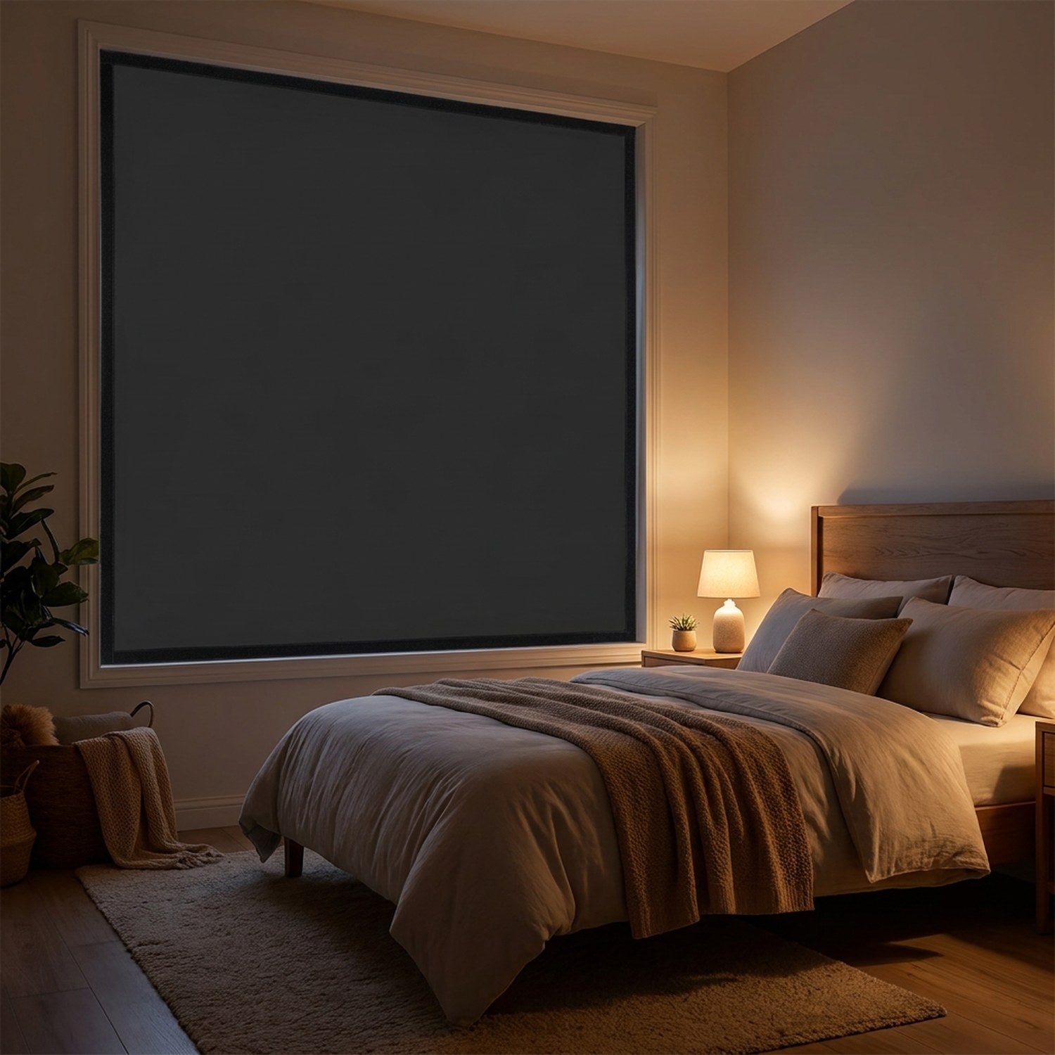 Fenêtre de chambre entièrement occultée par le rideau velcro noir le soir