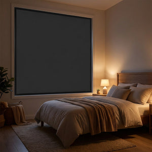 Fenêtre de chambre entièrement occultée par le rideau velcro noir le soir
