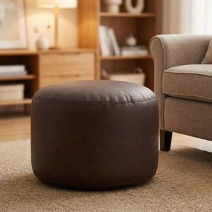 Pouf ottoman rond en simili cuir marron café rembourré
