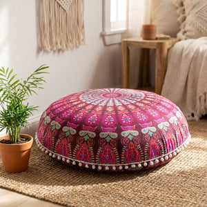 Housse de coussin ronde mandala bohème rose foncé au sol