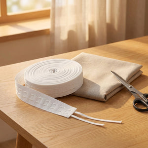 Rouleau de ruban fronceur avec tissu plié et ciseaux de couture