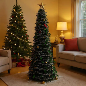 Sapin de Noël accordéon 150cm dans un salon confortable le soir de Noël