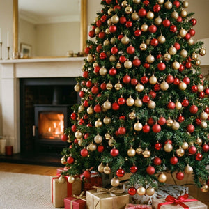 Sapin de Noël décoré avec mini boules rouges et dorées dans salon