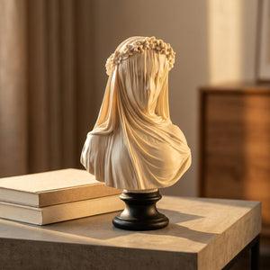 Sculpture buste voilé en résine sur table d'appoint en béton avec livres heure dorée