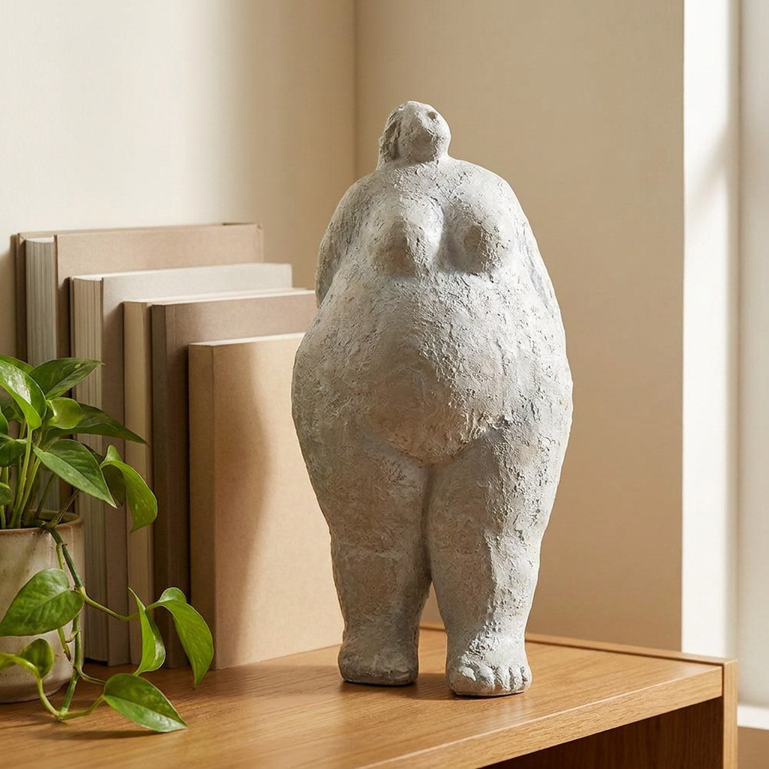 Sculpture féminine abstraite résine grise sur étagère bois avec livres et plante verte