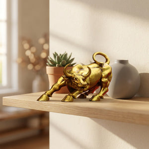 Sculpture de taureau cuivre sur étagère flottante en chêne avec plante et vase gris