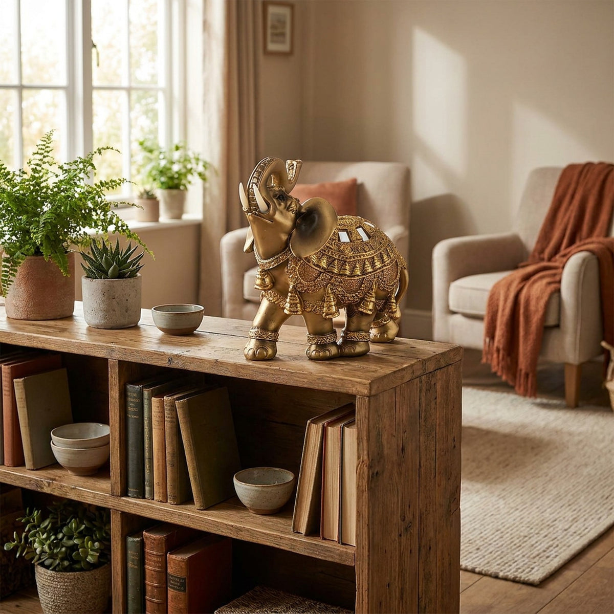 Statue éléphant Feng Shui dorée sur étagère en bois salon cosy