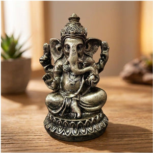Statue Ganesha bronze patiné modèle lotus sur bois
