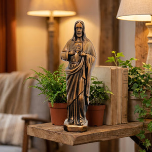 Statue du Sacré-Cœur de Jésus résine blanche sur console moderne salon
