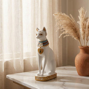Figurine chat Bastet blanche sur surface marbre avec voilage et pampa